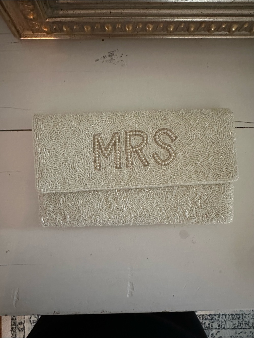 Embroidered 'MRS' Beaded Clutch - Ivory